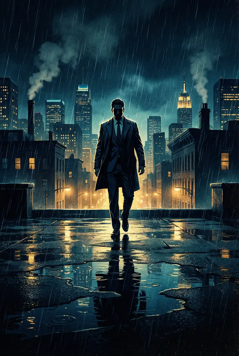 精品不卡高清视频在线观看 出品影片《雨夜独行者》海报，雨中城市屋顶男性剪影